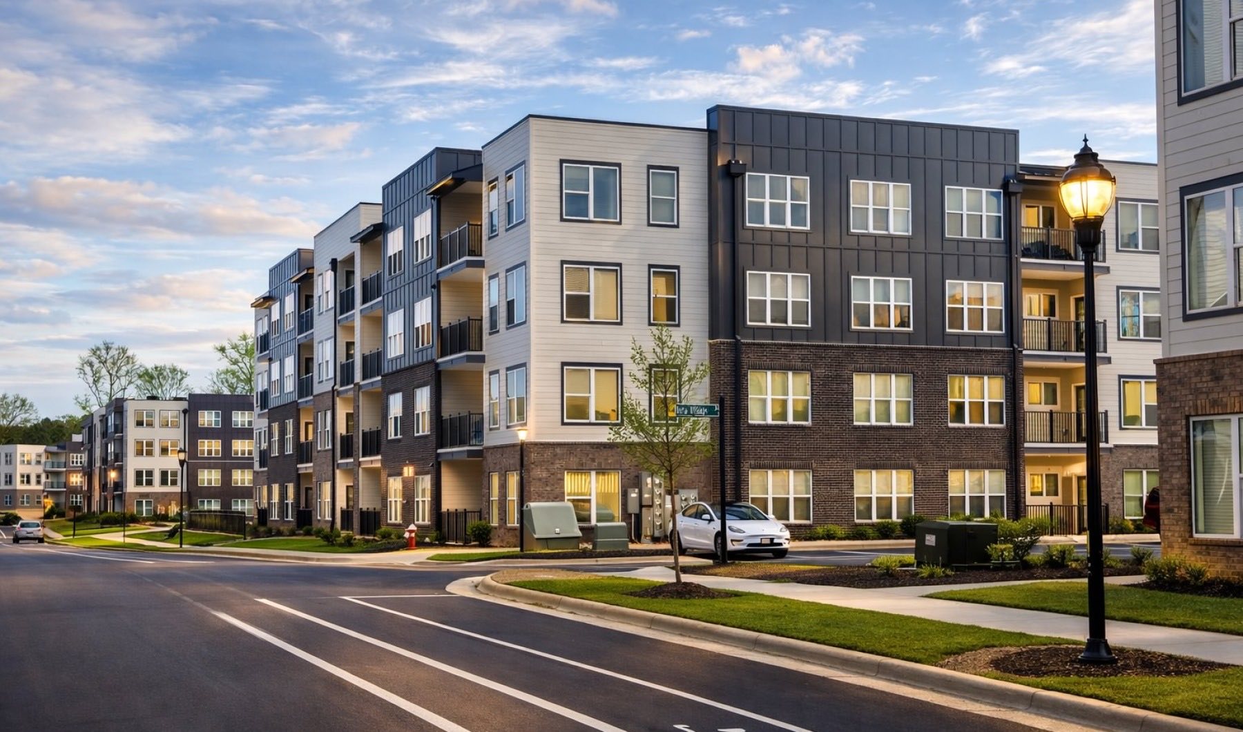 Aria at Idlewild apartment buildings along Idlewild Road at golden hour