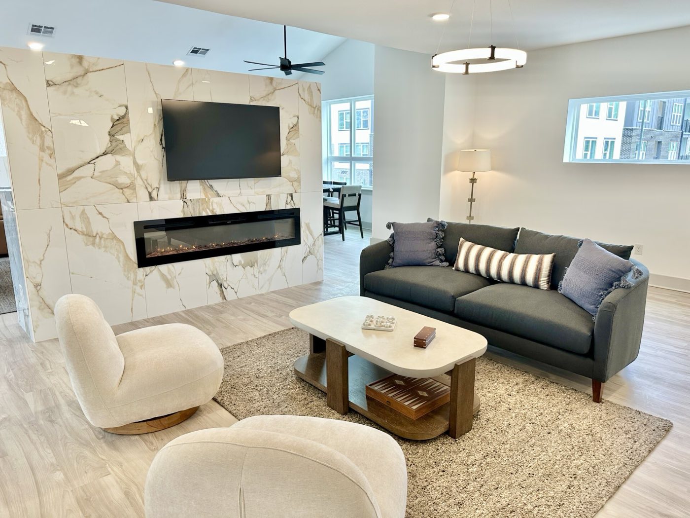 Clubhouse lounge with marble fireplace