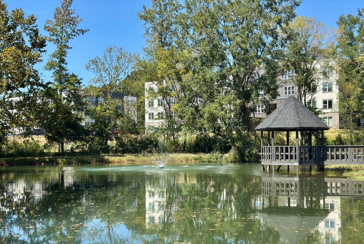 The pond and gazebo at Aria at Idlewild